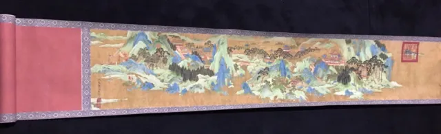 Long Old Chinese Scroll Painting "Shang Lin Tu" Wooden Box  "QiuYing" Marks 上林图