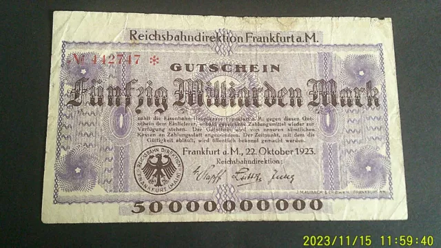 Reichsbahndirektion Frankfurt 50 Milliarden Mark Banknote 2 Stück #BAN81