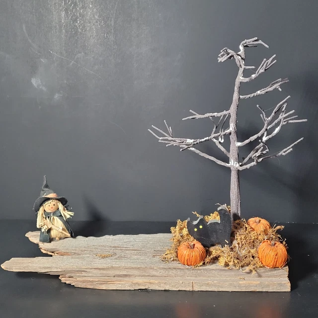 Vintage Home Made Halloween Diorama Spooky Scene Witch Black Cat Pumpkins Tree
