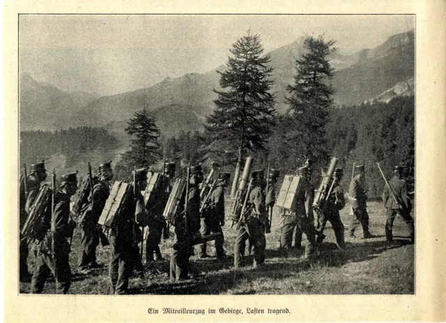 Schweizer Mitrailleurzug im Gebirge .Historische Aufnahme von 1918