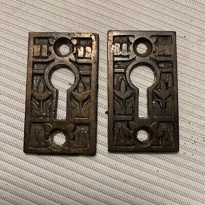 Set 2 Vintage Cast Iron Skeleton Key hole Escutcheon 1 3/4" x 1" Eastlake