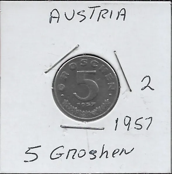 Austria 5 Groschen 1957 Vf Imperial Eagle With Austrian Shield On Breast,Ho