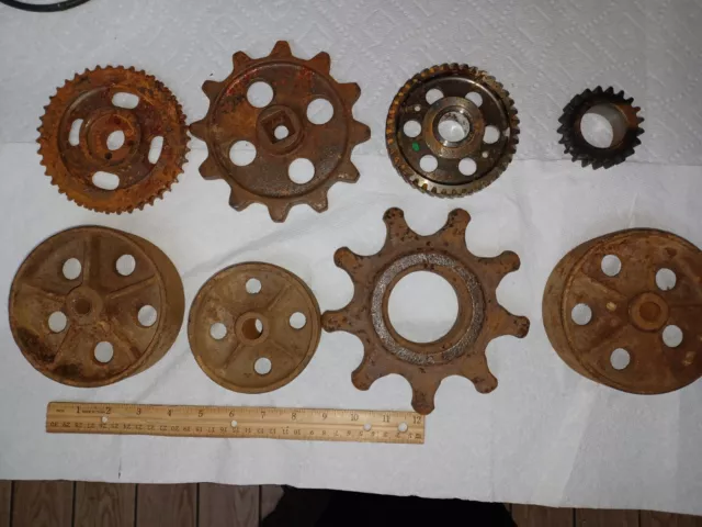 Lot Of 8 Large Industrial Gears & Pulleys Lamp Bases Decorative Steampunk Rusty