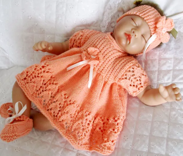 Baby Knitting Pattern Dk Lace edge Dress Headband Shoes 0-3 Months Reborn Doll