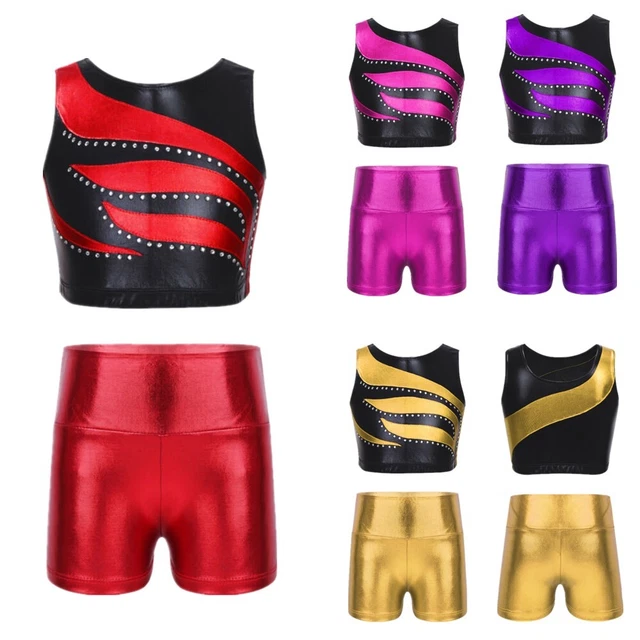 Abito uniforme da ginnastica senza maniche per bambine danza lucida con pantaloncini