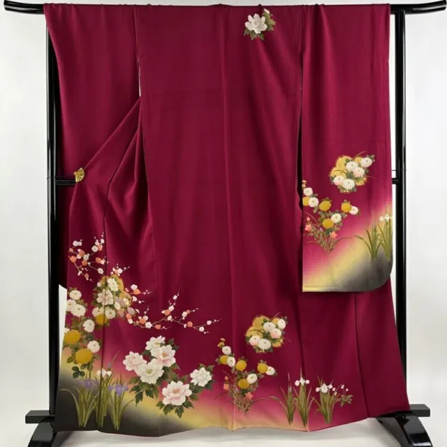 Japanese Kimono Furisode Pure Silk Cherry Tree Chrysanthemum Silk Reddish Purple