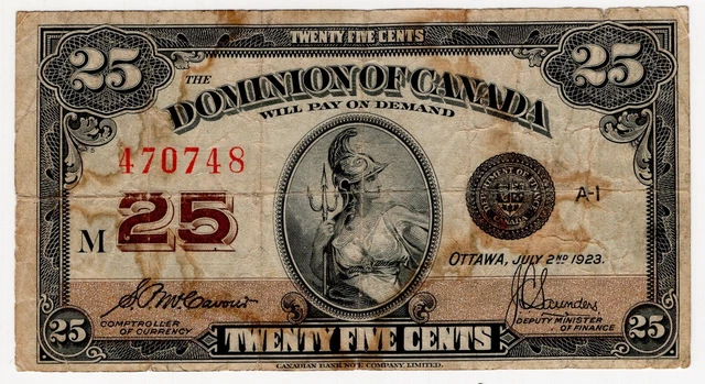 1923 Dominion Of Canada Twenty Five 25 Cent Shinplaster Bank Note Mccavour