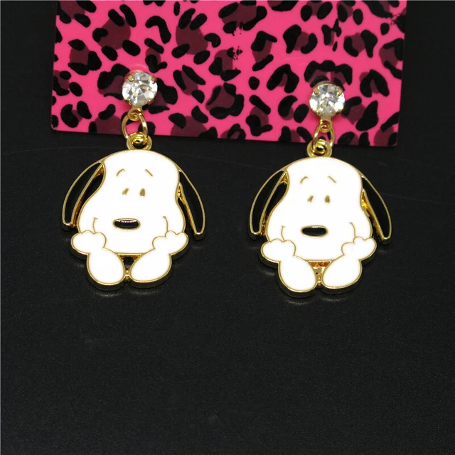 White Enamel Cute Puppy Dog Crystal Fashion Lady Women Stand Earrings