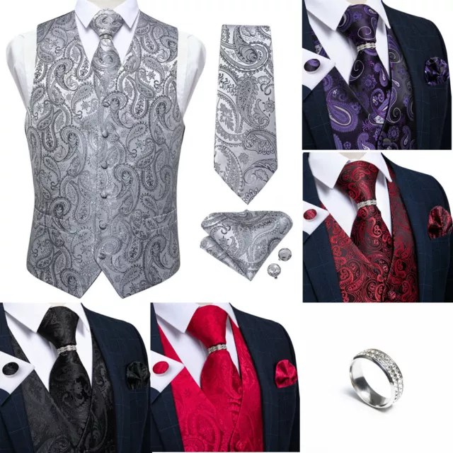 Men's Waistcoat Mens Formal Vest Slim Tuxedo Suit Vest Floral WIth Silver Ring