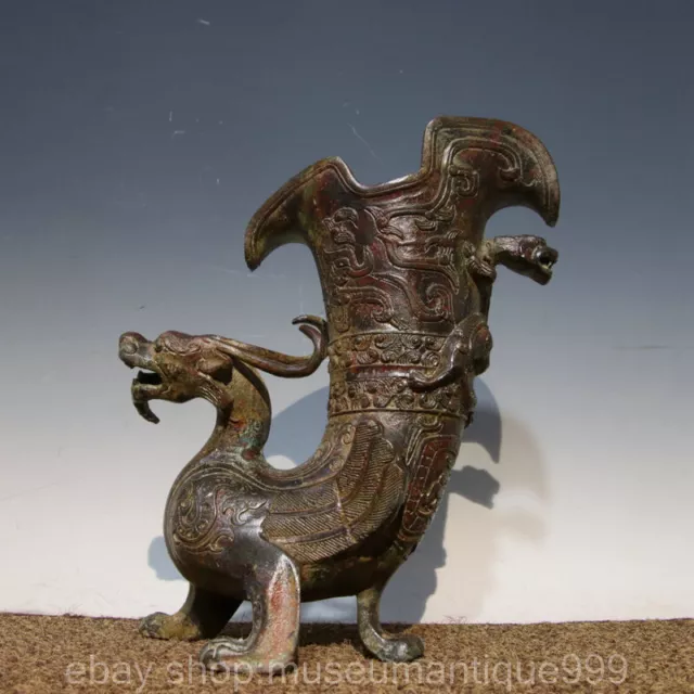 10.4" Old Chinese Bronze Ware Dynasty Dragon  Wine vessel Cup