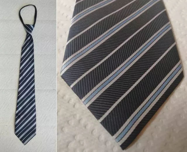 2 x Mens Zipper Tie Necktie Pre-Tied 100% Polyester Navy Blue Silver Stripes NWT
