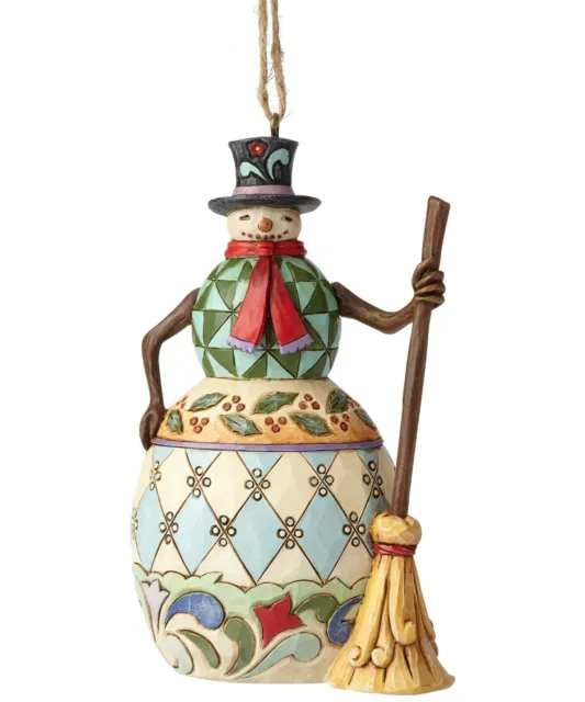 JIM SHORE Heartwood Creek Snowman with Top Hat and Broom Hanging Ornament NEW