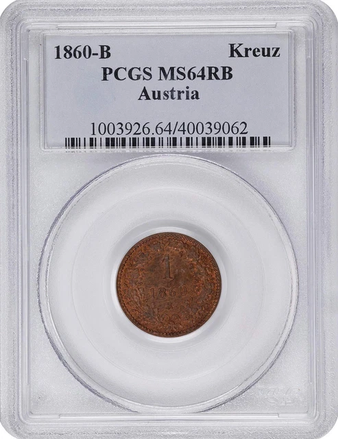 Austria 1 Kreuzer 1860-B Kremnica Mint. KM# 2186 PCGS: MS 64 Red Brown. #C470