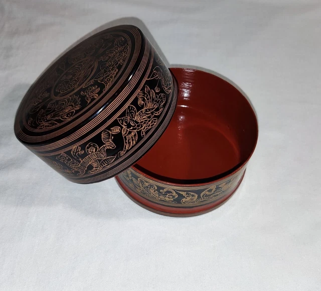 Vintage Hand Painted Burmese Myanmar Lacquer Betel Box Storage Container 4