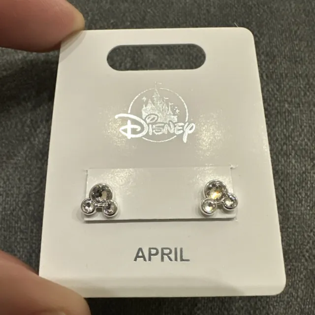 Disney Parks Mickey Icon Swarovski Crystal April Earrings Silver Tone Birthstone