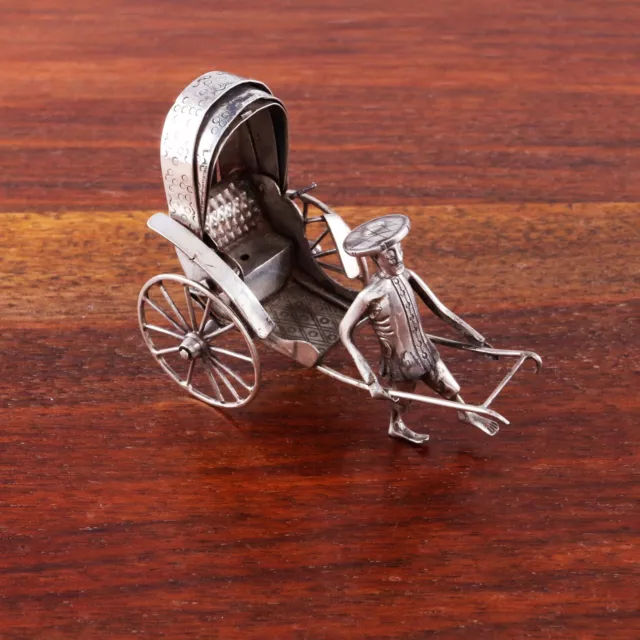Figural Hung Chong Chinese Silver Miniature Figurine Man & Rickshaw 1860-1930