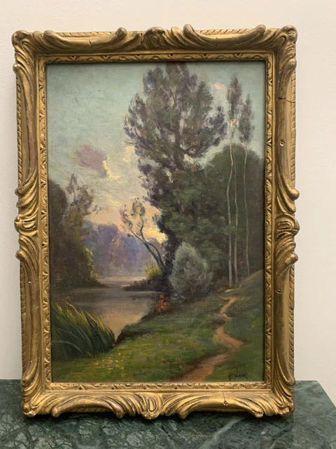 Peinture à L'huile Originale Paysage Village église été Danemark - Art Déco 1925-1949 - Signée