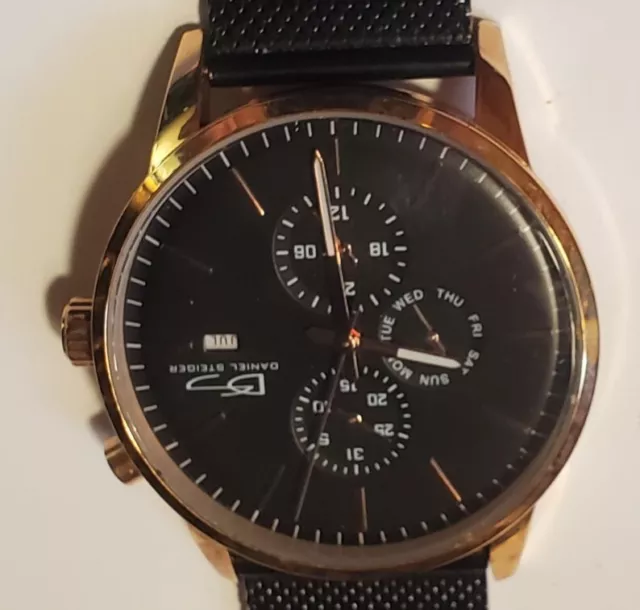 Men's Daniel Steiger Two Tone Watch 9197 Black Gold Day Date Moon 3 ATM