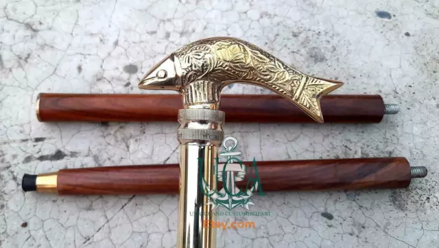 Nautical Brass Fish head handle Victorian Style wooden walking stick shaft cane