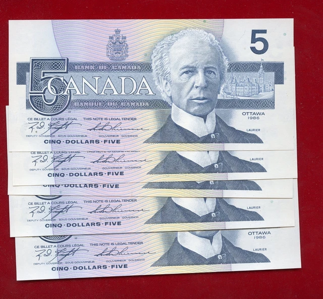 Canada Bird Series 5 X 1986 $5 Notes Bc-56D Crisp Unc Knight/Thiessen Anj Prefix