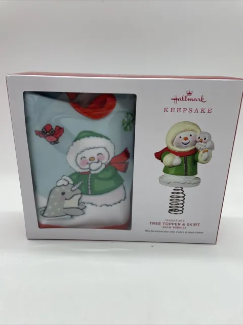 New Hallmark Snow Buddies Miniature Tree Topper & Skirt Set Snowman Owl 2022