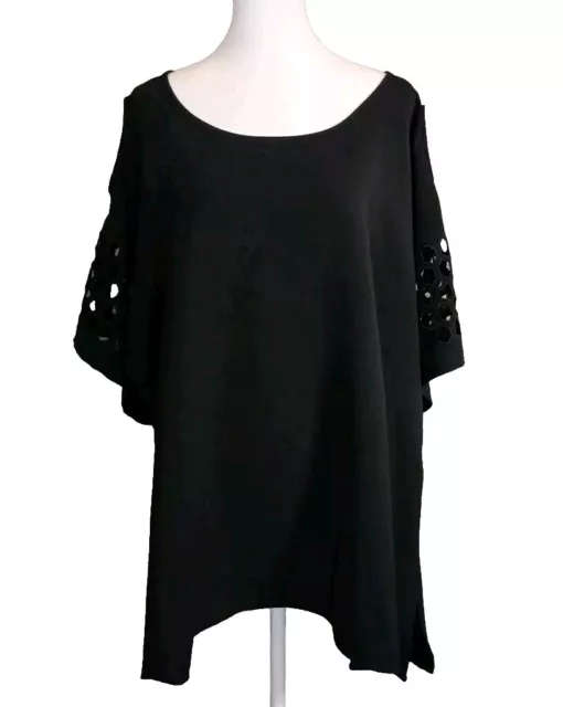 Ali Miles Womens Size 1X Black Oversized Top Short Cut-Out Sleeve Cold Shoulder