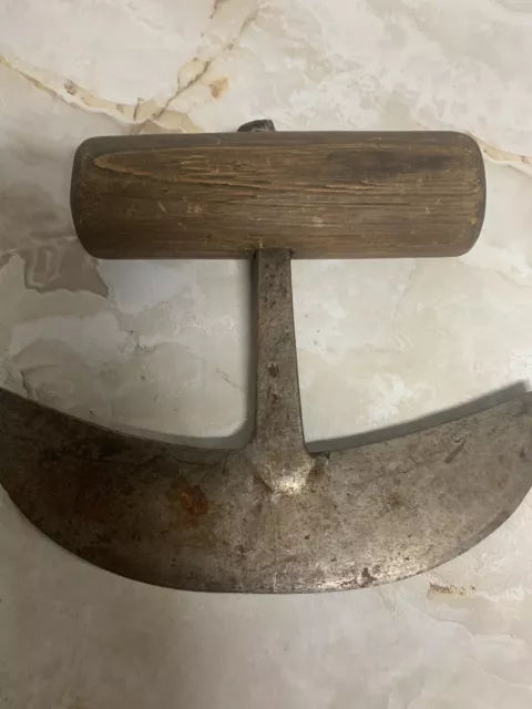 Antique Primitive Hand Forged Knife Food Chopper Half Moon Wood Handle 5.5" x 7"
