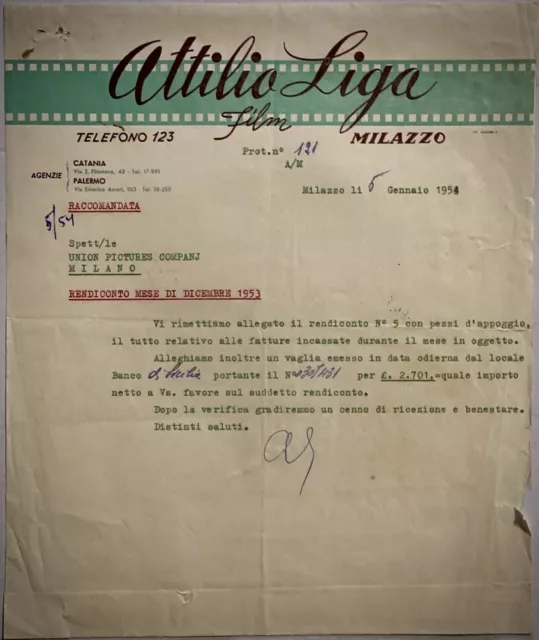 Attilio Liga Película - Letra Original Mecanografiado-Milazzo-1953