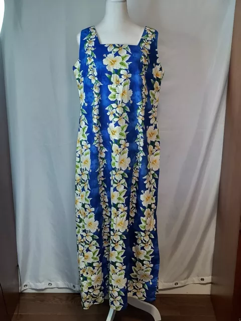 Royal Creations Blue Floral Hibiscus  Long Dress Size XL Made in Hawaii Hawaiian