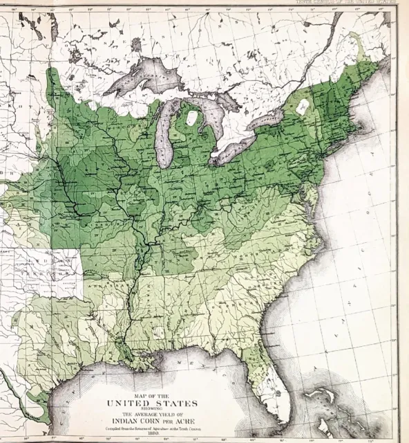 1880 United States Map Indian Corn Farming Agriculture Pennsylvania Missouri