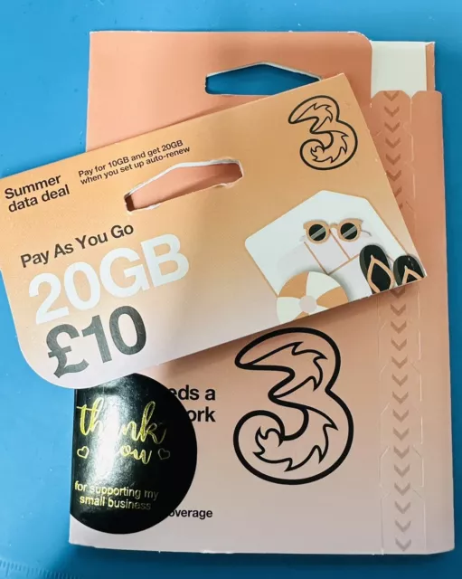 Three uk Network Pay As You Go Sim Card No Credit No Bundle Only Sim
