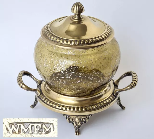 Vieux Boîte avec Couvercle Récipient dessous de Verre en Laiton WMF Um 1900 P217