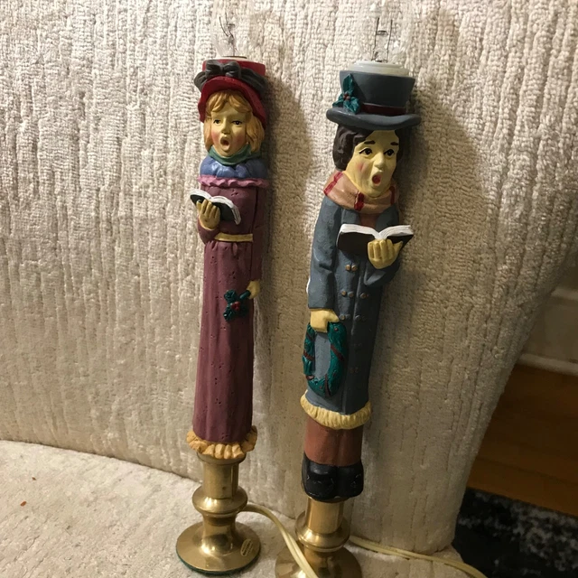 Vtg Couple Christmas Carolers Candle Lamp Set Works Great