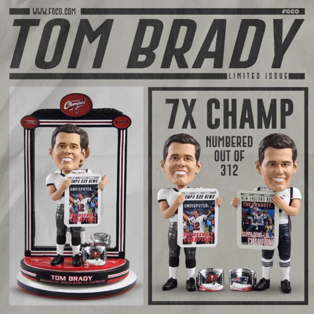 TOM BRADY Tampa Bay Buccaneers SUPER BOWL Rings Spinning Bobblehead #/312 NIB!