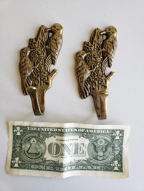 Pair Of Vintage Solid Brass Woodpecker Bird Hooks Coat  Hooks With Screws (25Eb)