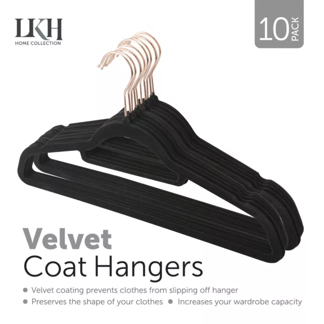 Non-Slip Flocked Clothes Hangers 10x Velvet Rose Gold Hook Space Saving Black