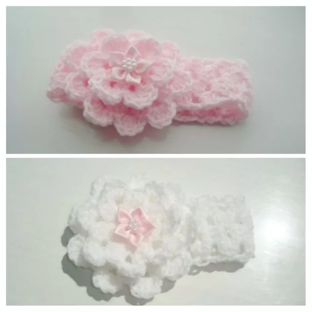 2er-Pack gehäkelt Baby Mädchen weißes Kopfband 1 rosa 1 weiß & rosa Satin Blumen 2