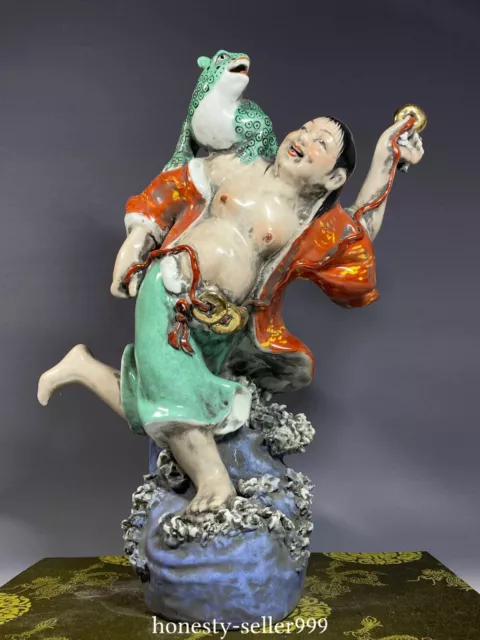 Old Dynasty Wucai Porcelain Liu Hai Plays With Gold Toad Money Coin Statue