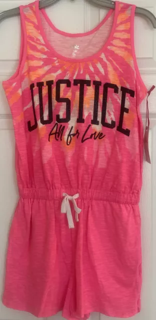 Justice Logo Graphic Romper Size XL 16/18 Bright Pink Tie Dye Jumpsuit Pockets