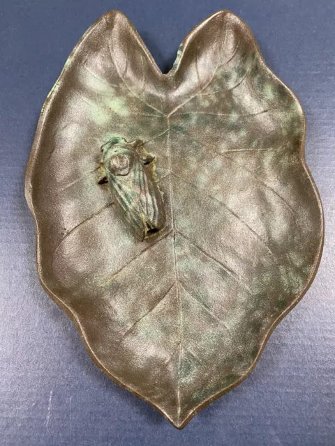 Vtg Cast Iron Japanese leaf Trinket plate with Cicada and Japanese Makers Mark