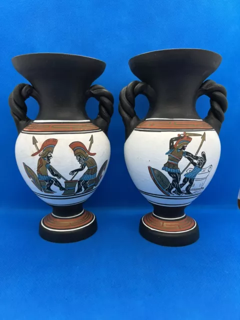 2 GREEK POTTERY VASES URNS Ancient Replica Mythology Hand Painted 8.5” Signed