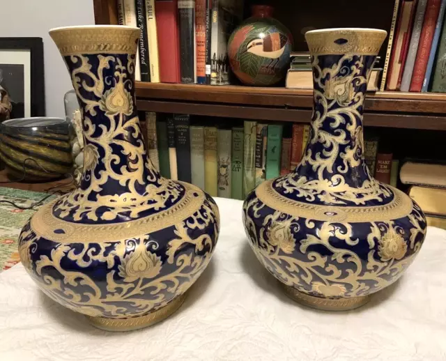 Pair Vintage Signed Marked Asian Chinese Blue Gold Dragon Porcelain 14" Vases