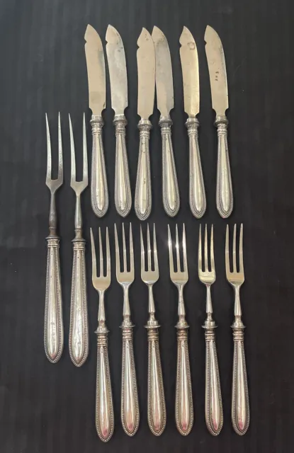 6 Dutch  Beaded Silver Forks Knives, Beaded Pointed, 800 Silver Kempen 1930