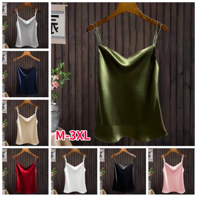 Lady Sleeveless Strappy Satin Camisole Tank Vest Top Faux Silk Shirt Casual Cami