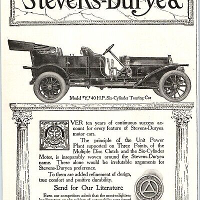 1910 Stevens-Duryea Model Y 40HP Touring Car Print Ad 6 Cyl. Chicopee Falls 1J