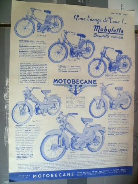 Moto MOTOBECANE Ciclomotore Motociclette Pubblicità Originale Ottobre 1957
