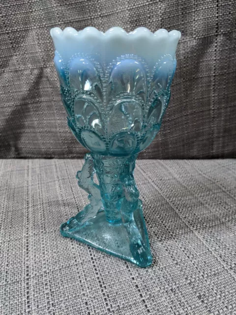 NORTHWOOD Antique Blue Opalescent Beads & Bark Chalice cone goblet vase cup vtg