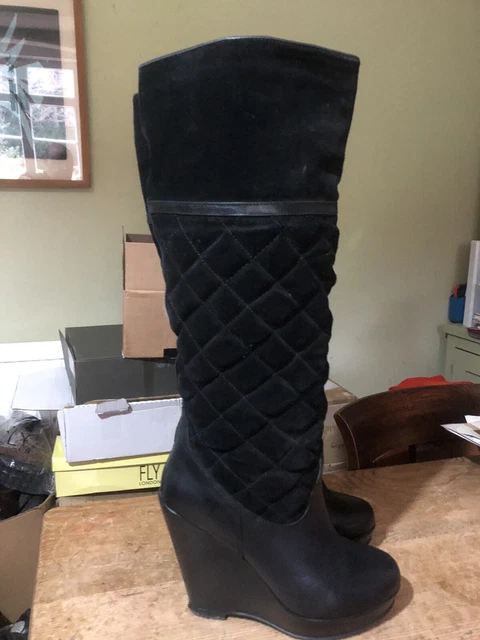 black suede wedge knee high boots