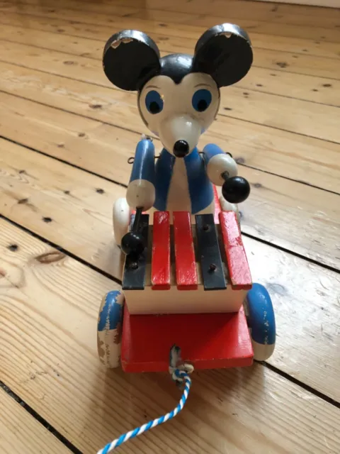 Disney Micky Maus Mickey Mouse Holzspielzeug antik Ziehwagen mit Musik 50er/60er 3