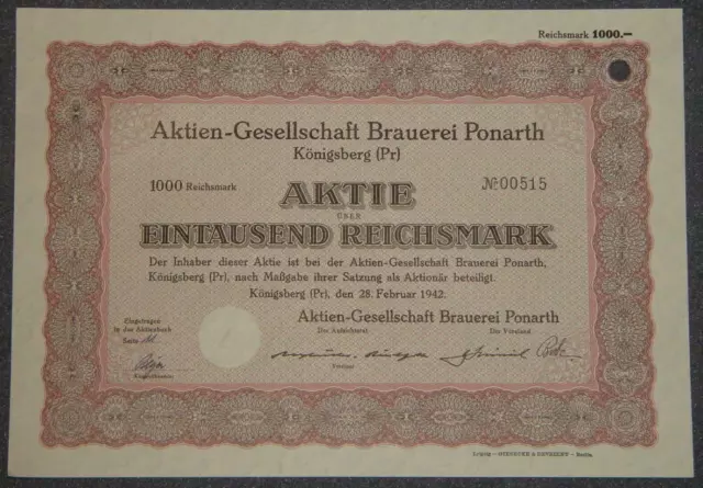 Aktien-Gesellschaft Brauerei Ponarth 1942 1000 RM